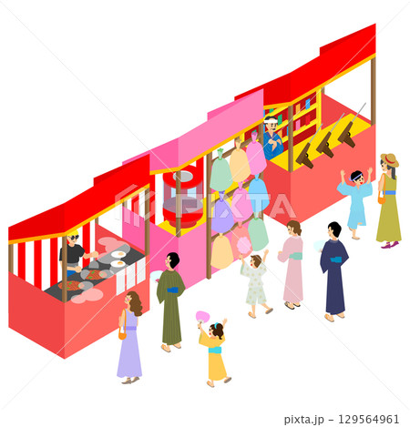 浴衣姿の人々が楽しむ縁日のアイソメトリックイラスト 浴衣姿の人々が楽しむ縁日のアイソメトリックイラスト 129564961