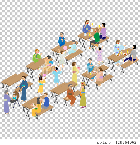 夏日節日休息區人們享用美食和交談的等距插圖 夏日節日休息區人們享用美食和交談的等距插圖 129564962
