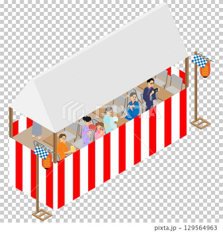 夏季節慶期間，人們在休息帳篷裡休息的等距插圖 129564963