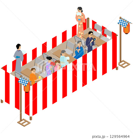 夏祭りの休憩所で飲食する人々のアイソメトリックイラスト 夏祭りの休憩所で飲食する人々のアイソメトリックイラスト 129564964