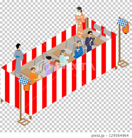夏祭りの休憩所で飲食する人々のアイソメトリックイラスト 夏祭りの休憩所で飲食する人々のアイソメトリックイラスト 129564964