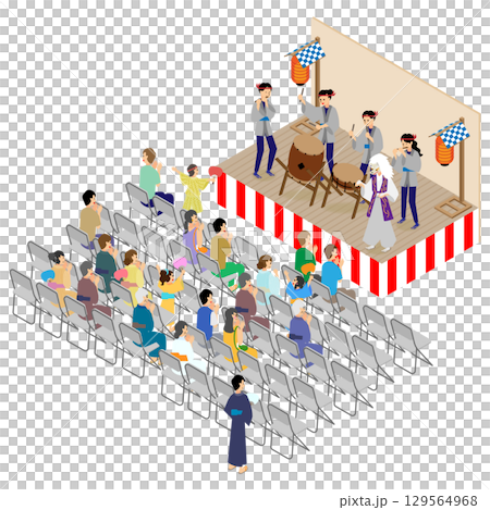 觀眾在夏季節慶舞台上欣賞日本鼓表演的等距插圖 129564968