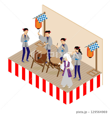 夏祭りステージで和太鼓を演奏する人々のアイソメトリックイラスト 129564969