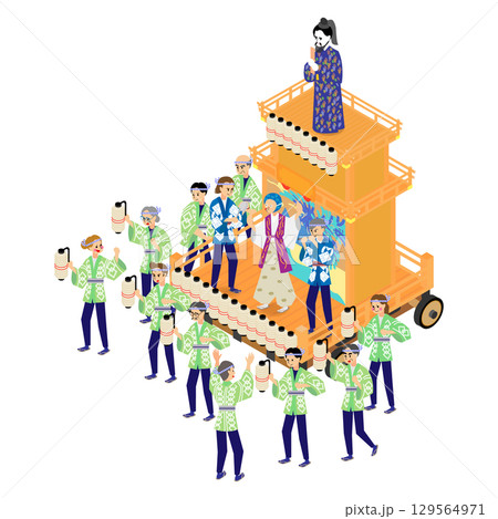 夏祭りの山車を引く人々のアイソメトリックイラスト 129564971