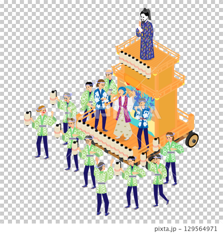 夏祭りの山車を引く人々のアイソメトリックイラスト 129564971