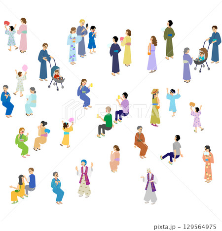 浴衣や夏服の人物セット（アイソメトリック） 129564975