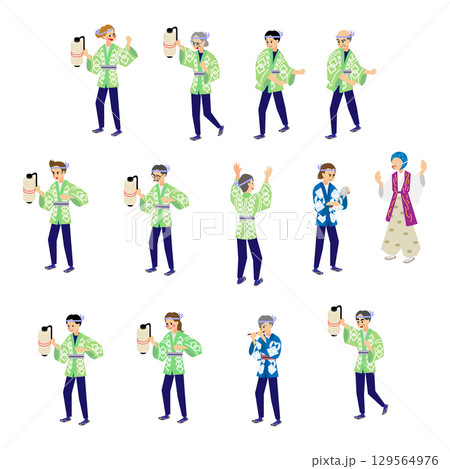 法被姿の祭り参加者セット(アイソメトリック) 法被姿の祭り参加者セット(アイソメトリック) 129564976