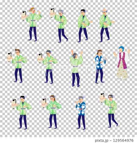 法被姿の祭り参加者セット(アイソメトリック) 法被姿の祭り参加者セット(アイソメトリック) 129564976