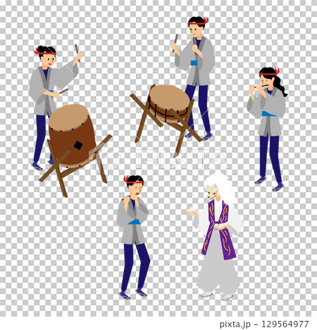 Set of Japanese drummers and performance costumes (isometric) 129564977
