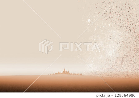 ミニマルな街並みと花火、砂丘に漂う赤い粒子のイラスト 129564980