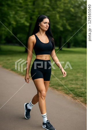 AI generated a dynamic candid shot of a fit young woman walking confidently in a park. She wears a black sports bra, high-waisted shorts, and sneakers. The blurred greenery in the background adds AI generated a dynamic candid shot of a fit young woman walking confidently in a park. She wears a black sports bra, high-waisted shorts, and sneakers. The blurred greenery in the background adds 129565040