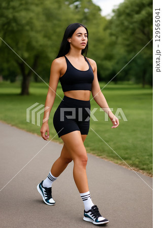 AI generated image of a fit Latina woman confidently walking in athletic wear. Her toned physique and determined expression showcase an active, healthy lifestyle. AI generated image of a fit Latina woman confidently walking in athletic wear. Her toned physique and determined expression showcase an active, healthy lifestyle. 129565041