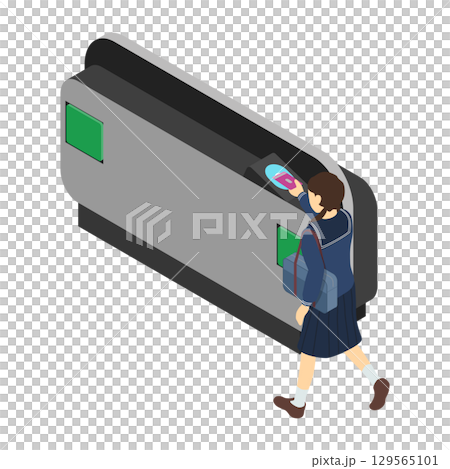 Isometric illustration: A girl passing through a ticket gate at a station with a card 129565101