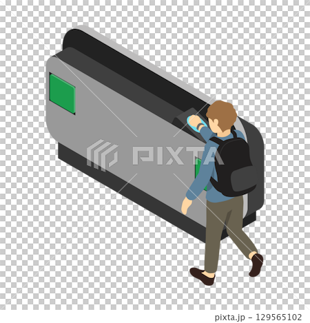 Isometric illustration: A man passing through a station ticket gate with a smartwatch Isometric illustration: A man passing through a station ticket gate with a smartwatch 129565102