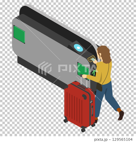 Isometric illustration: A woman passing through a station ticket gate Isometric illustration: A woman passing through a station ticket gate 129565104