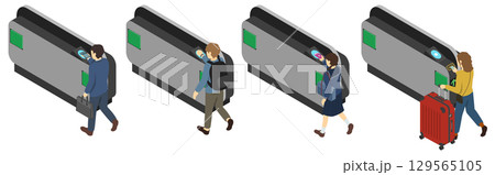 アイソメトリックイラスト：駅改札機を通る人 129565105