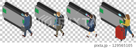 アイソメトリックイラスト：駅改札機を通る人 129565105