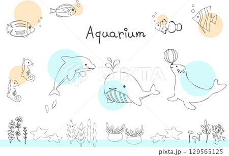 水族館の線画イラスト素材セット 水族館の線画イラスト素材セット 129565125