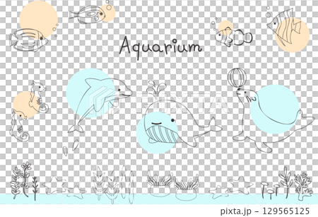 水族館の線画イラスト素材セット 水族館の線画イラスト素材セット 129565125