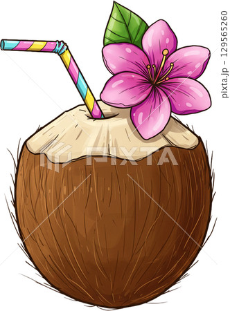 coconut cocktail with coconut and straw 129565260