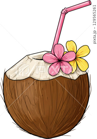 coconut with straw and flower 129565261