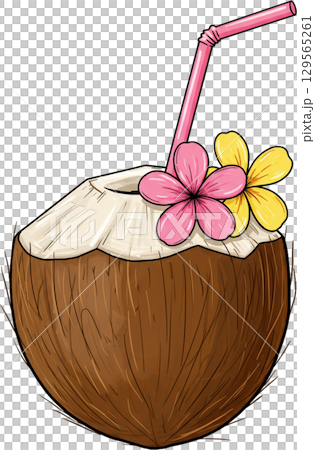 coconut with straw and flower 129565261
