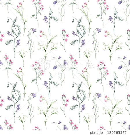 Watercolor seamless pattern white background - illustration with green leaves, pink blue purple buds and branches. Wildfield herbs flowers. Wedding invites, fashion, prints, backgrounds. Wildflowers Watercolor seamless pattern white background - illustration with green leaves, pink blue purple buds and branches. Wildfield herbs flowers. Wedding invites, fashion, prints, backgrounds. Wildflowers 129565375