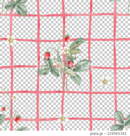 Seamless pattern with watercolor illustration of wild strawberries with white flowers. Hand painted print with woodland berries with leaves on isolated checkered background. Floral ornamental pattern. Seamless pattern with watercolor illustration of wild strawberries with white flowers. Hand painted print with woodland berries with leaves on isolated checkered background. Floral ornamental pattern. 129565381