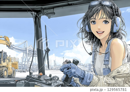 ガントリークレーンを操作する女性オペレーターのアニメイラスト（作業服・笑顔・操縦席） 129565781