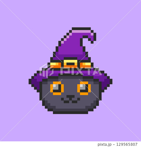 Pixel art Cute Black Cat with Witch Hat game asset design Pixel art Cute Black Cat with Witch Hat game asset design 129565807