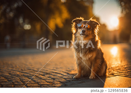 夕暮れにサングラスをかけたクールな犬 129565836