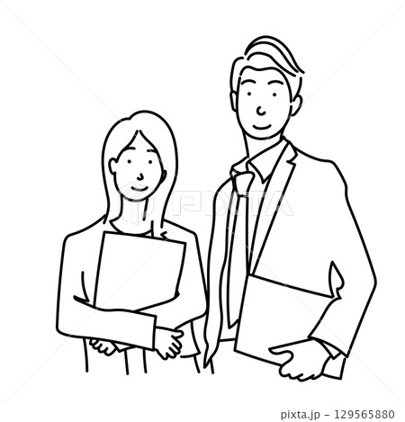 イラスト素材: 書類を持つスーツ姿の男女ビジネスパーソンの線画ベクター 129565880