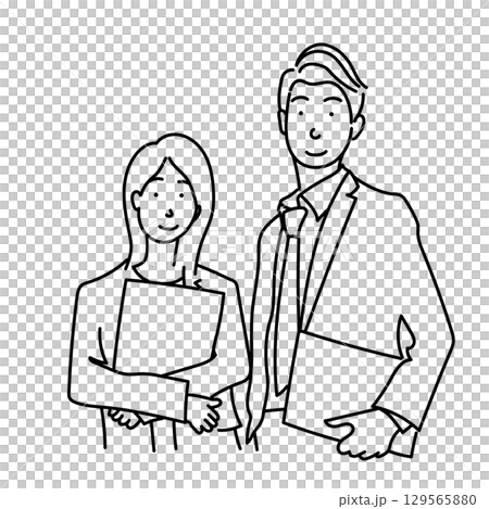 イラスト素材: 書類を持つスーツ姿の男女ビジネスパーソンの線画ベクター 129565880