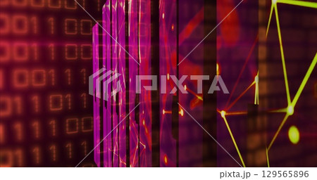 Image of network of connections and data processing on dark background 129565896