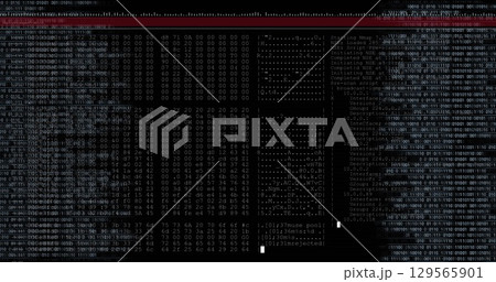 Image of data text and white cursor processing on screen with black background 129565901