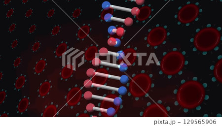 Image of dna strand over virus cells on black background 129565906