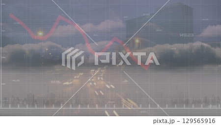 Image of financial data and graphs over cityscape 129565916