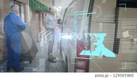 Image of digital interface over delivery man next to a car Image of digital interface over delivery man next to a car 129565960