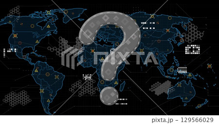 Image of question mark over world map and icons on black background 129566029
