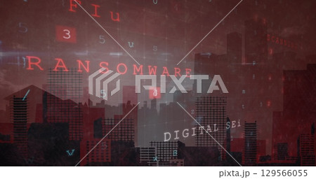 Image of cyber crime and numbers over cityscape 129566055