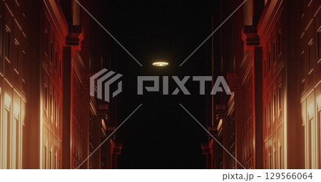 Image of old wood panelled corridor in scary dark interior 129566064