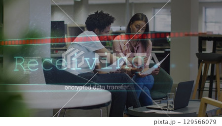 Image of data processing over diverse business people in office 129566079