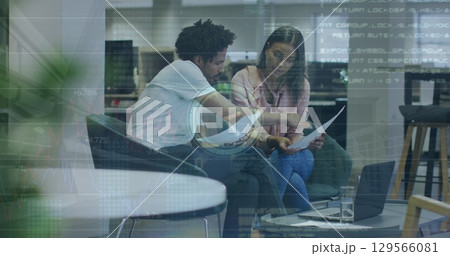 Image of data processing and clock over diverse business people in office 129566081