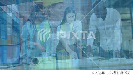 Image of financial data processing and caucasian female worker over diverse business people Image of financial data processing and caucasian female worker over diverse business people 129566107