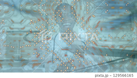 Image of data processing over happy african american female doctor with stethoscope 129566165