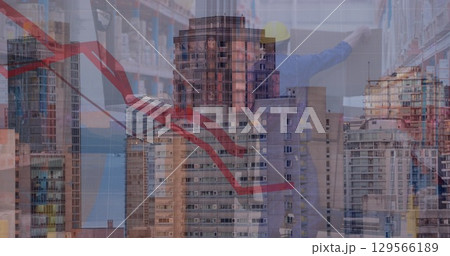 Image of cityscape over caucasian male worker in warehouse 129566189