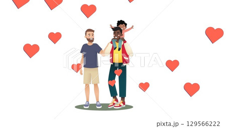 Image of diverse gay couple with son over white background with hearts Image of diverse gay couple with son over white background with hearts 129566222