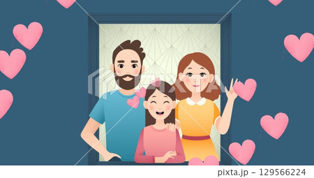Image of caucasian parents and daughter over blue background with hearts 129566224