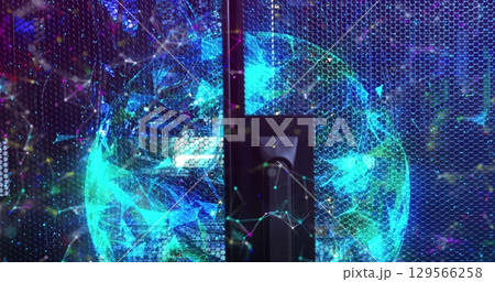 Image of moving shapes and globe over server room Image of moving shapes and globe over server room 129566258
