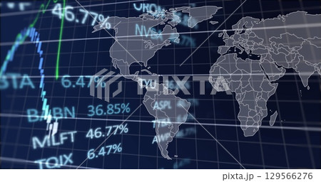 Image of financial data and graph over world map on navy background Image of financial data and graph over world map on navy background 129566276